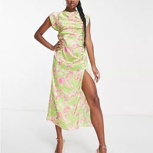 ASOS Petite Ruched Side Button Cap Sleeve Midi Dress